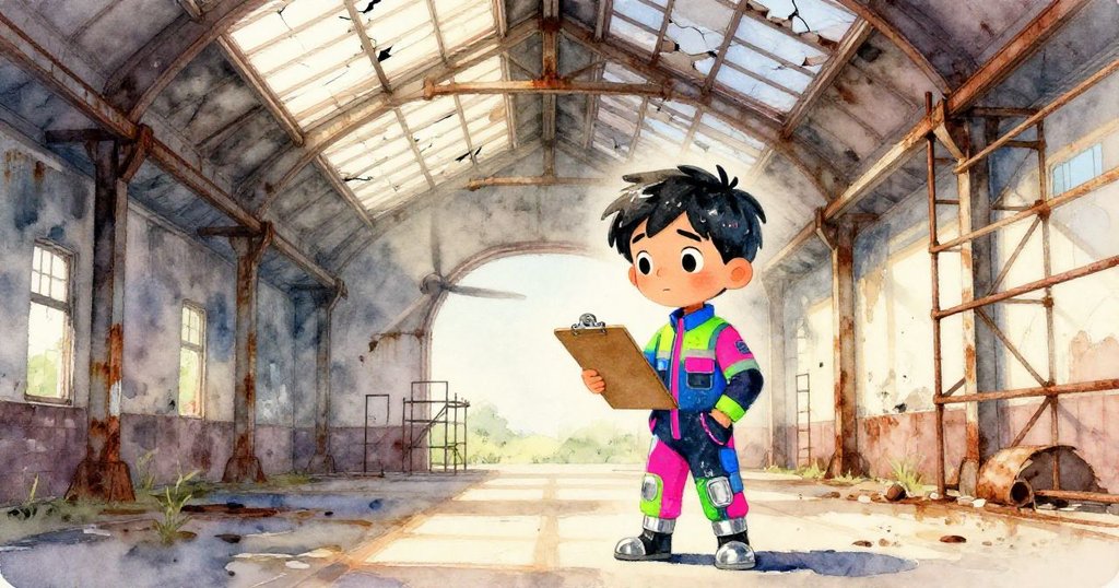 喬納斯步入破舊發電廠，面帶好奇，背景呈現斑駁支架和裂縫天窗，午後陽光灑落展開探險。