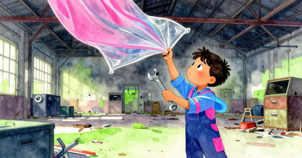 喬納斯在昏暗收納室內迅速抓住滾動扳手，塑料薄膜隨風輕搖，臉上流露驚奇與專注。