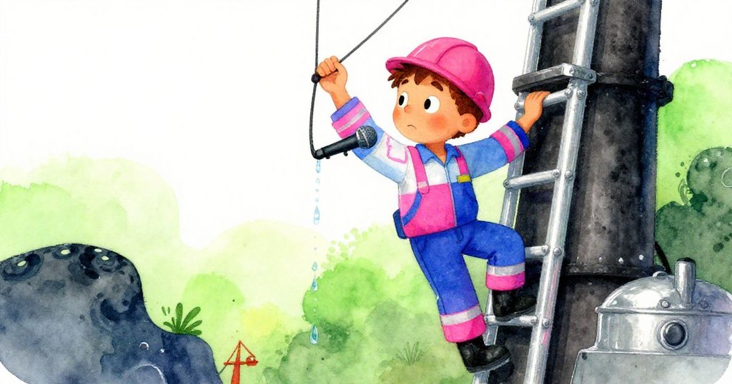 喬納斯攀爬搖擺的工業支架，堅定調整麥克風靠近滴水口，挑戰中流露出無比決心。