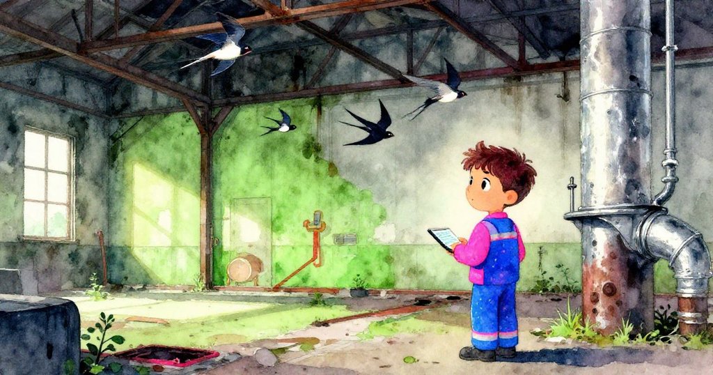 喬納斯在恢復寧靜的發電廠內完成錄音，燕子歸巢，背景光影柔和，彰顯探險後的和諧滿足。