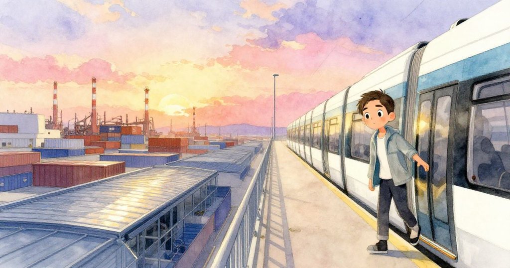 尼科踏出電車,早晨光芒中走向貨運碼頭,全景捕捉動感氛圍與明亮工業背景。