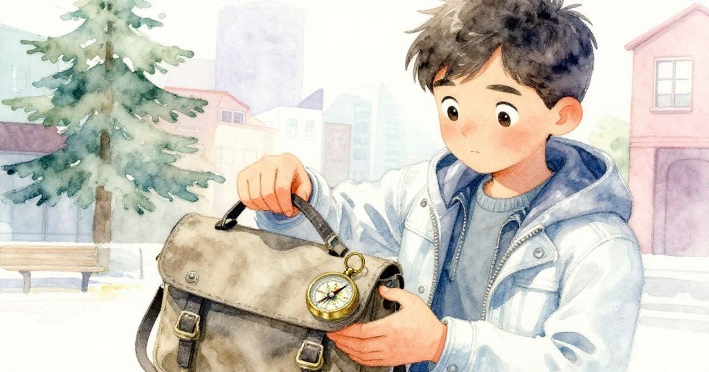 尼科聚焦於手中信包與指南針,細膩展示冒險象徵,溫柔光影中細節分明。