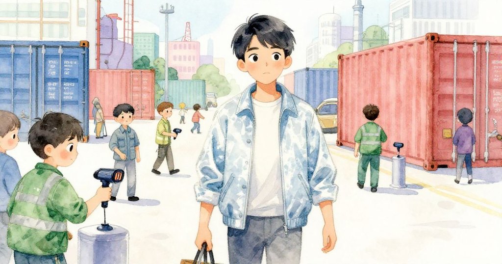 尼科穿越忙碌貨櫃區,與工人和掃描儀互動,背景充滿動感工業氛圍與明亮日光。