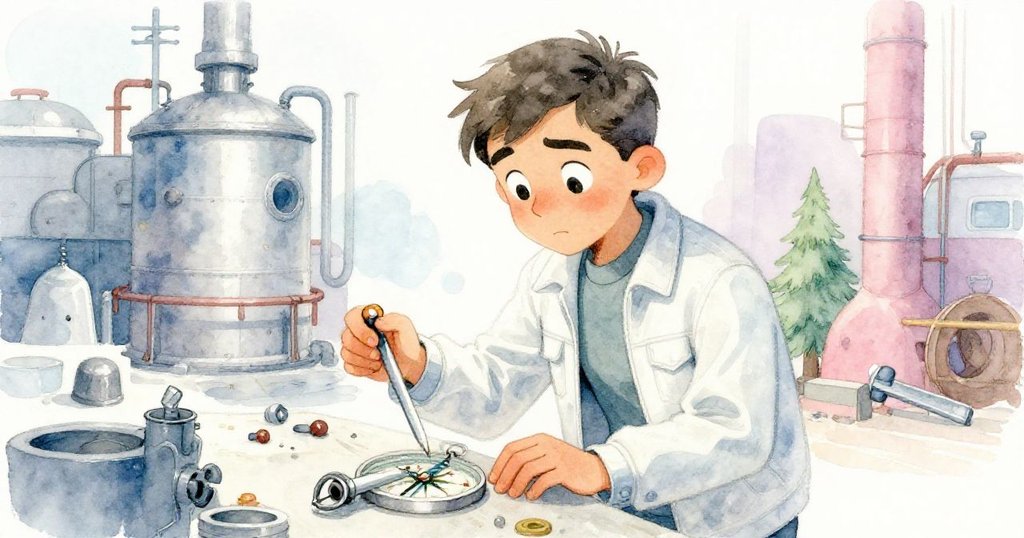 尼科在奔跑中停下,發現混雜的指南針與零件,臉上流露疑惑,動感與現代工業背景交織。