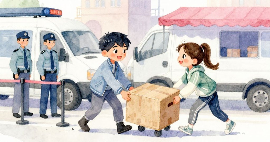 尼科與Mara在市場車旁合作撥正滑動箱子,面帶微笑,展現友誼與熱情互動,晨光照耀現代工業背景。