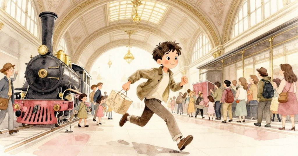 Jasper在人潮中匆忙穿梭，手臂下緊抱著包裹，背景為繁忙轉運大廳，神情堅定充滿期待