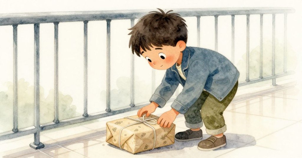 Jasper彎腰拾起在光滑瓷磚上滑動的包裹，包裹紙上繪有小葉子，金屬扶手冷峻對比，神情中帶著擔憂