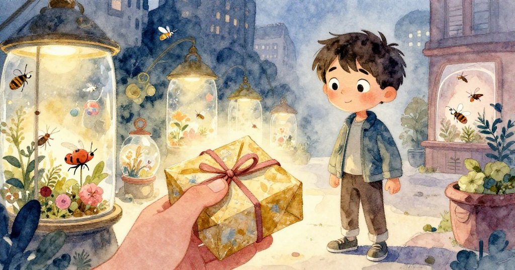 Jasper抬頭望向充滿生機的都市生物展，透過玻璃可見發光的植物箱及飛舞昆蟲，眼神充滿好奇