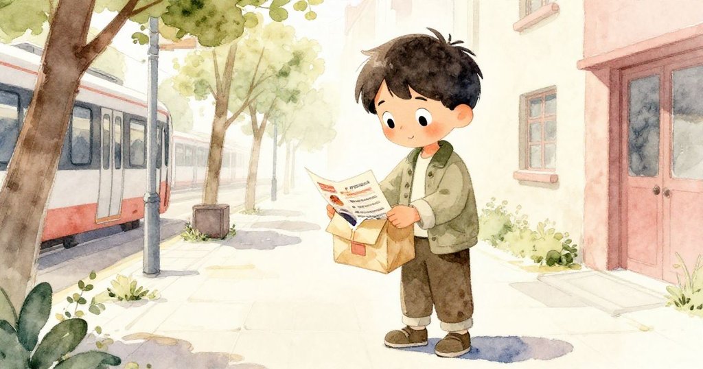 Jasper在繁忙走廊中發現了一張從包裹中露出的傳單，柔和日光灑落，眼神中充滿思索與驚喜