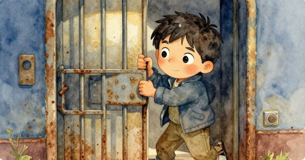 Jasper面露堅定與挫折，近距離特寫他用力拉扯生鏽貨梯門把，背景隱約呈現老舊車站的歷史感