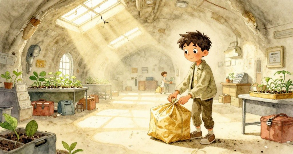 Jasper在寬闊的地下空間中靜靜放下包裹，陽光透過破裂天窗灑在嫩綠幼苗與志工間，臉上洋溢著希望與平靜