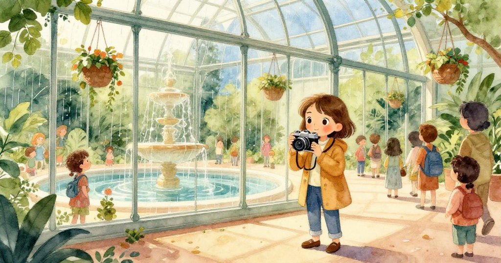 Mia在雨後博物館中穿梭於眾人之中，手持老相機，玻璃穹頂與水池反射出吊籃美景，神情充滿期待。