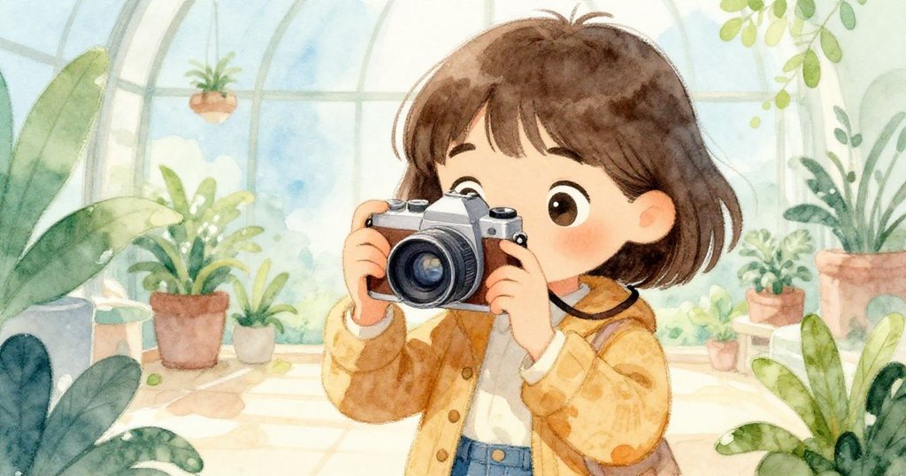 Mia專注調整老相機鏡頭，眼神中流露驚奇與決心，背景以柔和光線映襯室內玻璃穹頂。