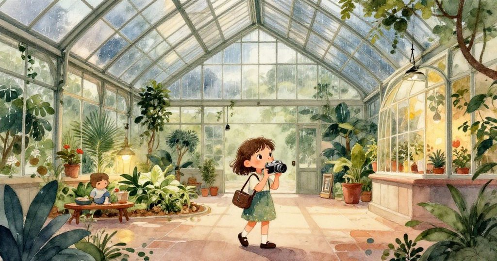 從高處俯視雨後玻璃穹頂與庭院，夕陽餘暉映射出雨滴與參觀者交織的神秘美景。