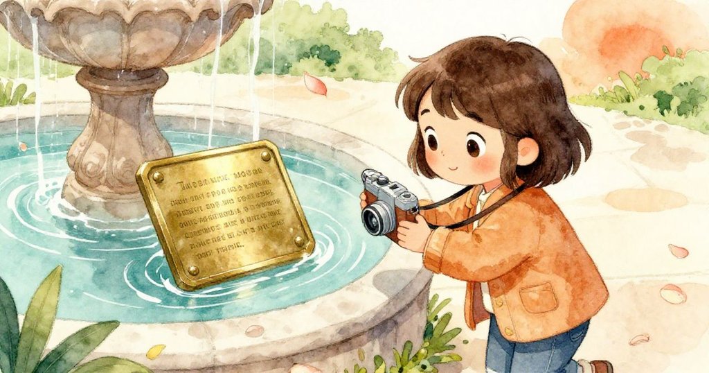 Mia蹲在池邊細看隱藏的黃銅牌匾，手機輕贴大理石邊，花瓣與水漩中流露神秘年代刻文，神情專注。