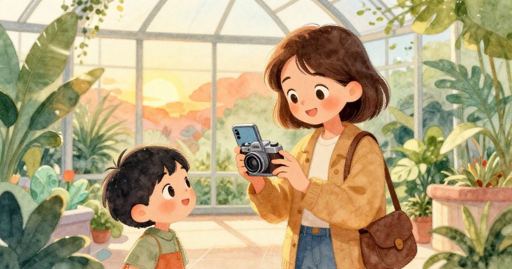 在夕陽溫柔光線下，Mia與小朋友分享手機中神奇照片，臉上洋溢著溫暖與喜悅，情感真摯流露。