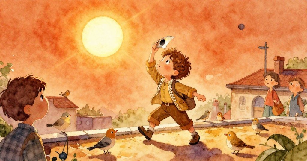 Finley走上屋頂露台，日食微光映照，小鳥及鄰居圍觀，展現好奇期待的冒險情景