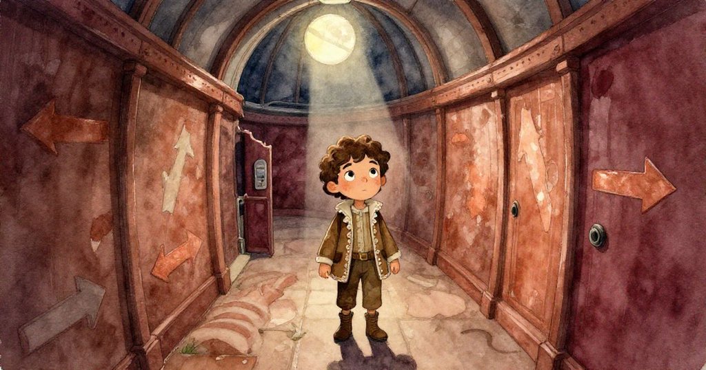 Finley從主觀視角踏入迷宮般的觀測室走廊，月牙光與褪色箭頭伴隨塵埃漂浮，顯現神秘氣息