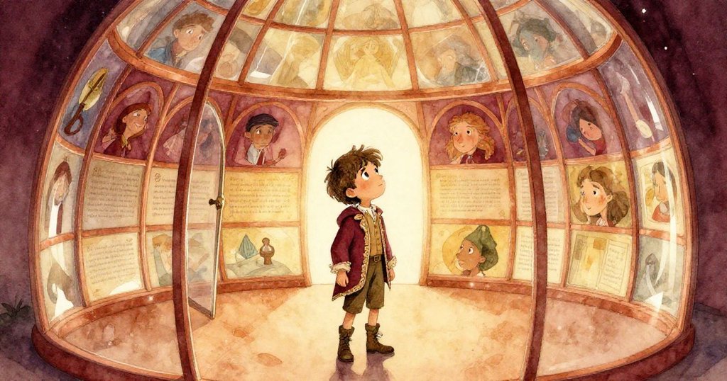 Finley站在高處，俯瞰神秘穹頂廳，玻璃窗隨光律動，畫面呈現魔幻史詩般的神聖氣息