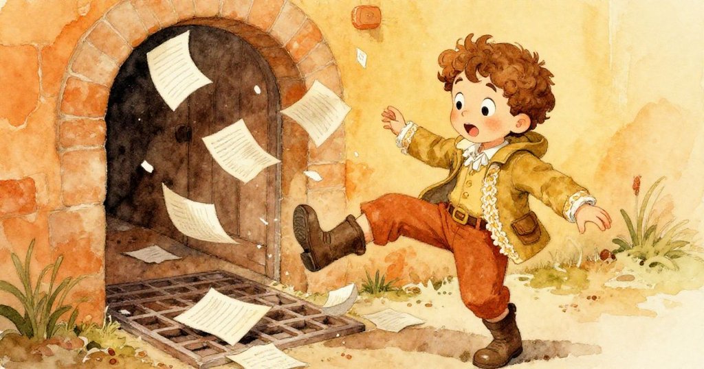 Finley靴子碰撞鬆動鐵柵，紙張如雪般飛舞，他露出驚訝表情，展現意外瞬間的動態緊張感