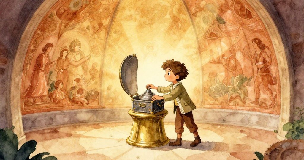 Finley在圓頂大廳中將金屬箱放於黃銅底座上，壁畫與望遠鏡映照最後日光，畫面溫暖平靜，寓意任務完成