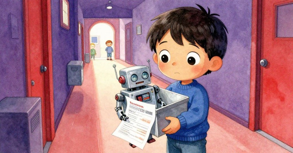 Kai 面部特寫展現緊張與堅定，手握機器人與紙張，背景中擁擠走廊暗示挑戰與期待，情感豐富。