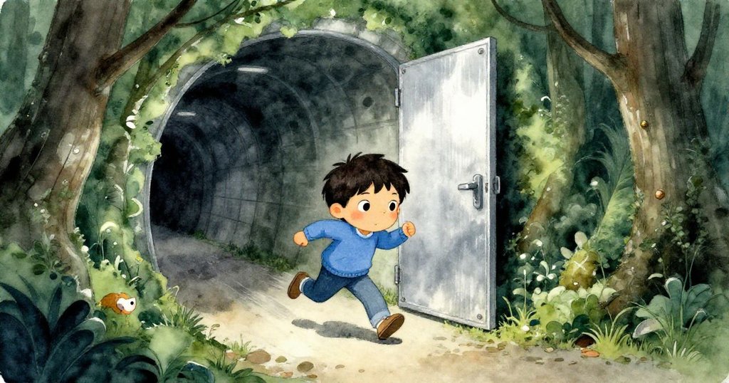 從小動物視角看見Kai穿過半掩金屬門，服務通道燈光朦朧帶來神秘感，步伐急促且充滿勇氣。