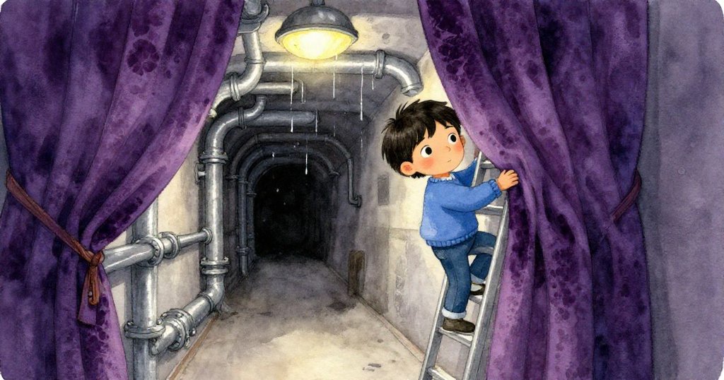 Kai在昏黃光芒中攀爬梯子，天鵝絨窗簾後滴水管線顯示時間流轉，場景充滿冒險與期待。