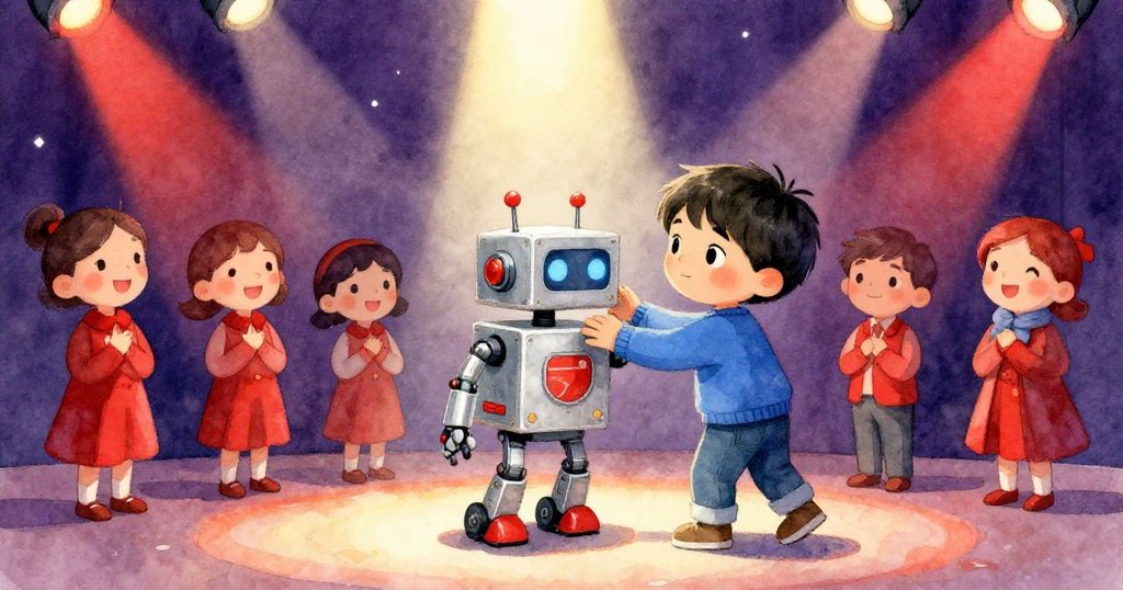 Kai站在舞台燈光下與裁判共享成功喜悅，機器人開始運轉彷彿預示夢想成真，現場氣氛歡樂。