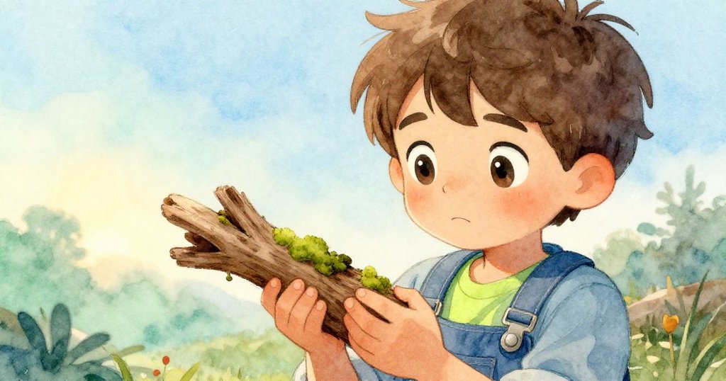 Leo專注地望著手中青苔木枝，眼神堅定，晨光柔和，呈現出夢想與努力的細膩情感。