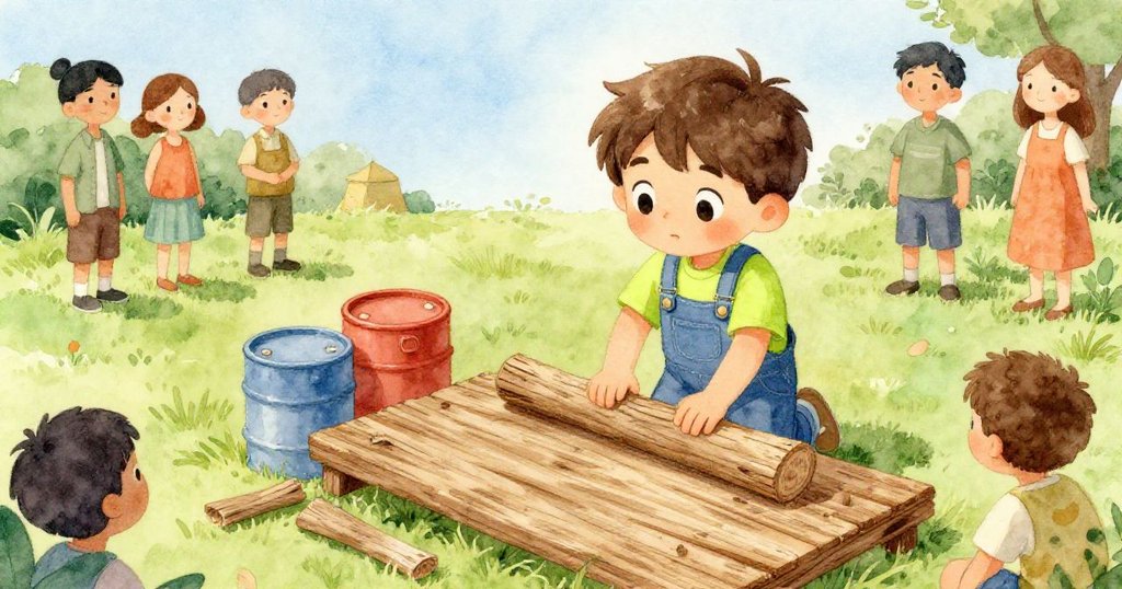 從高處看見Leo與鄰居忙於組裝漂浮平台，木板、桶和工具交錯，展示團隊合作的溫馨場面。