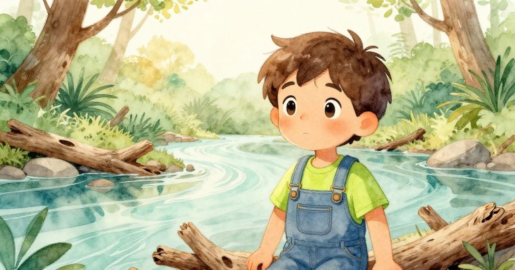 Leo置身於帶有懷舊色調的場景，回想三週辛勞尋找漂流木，背景模糊樹林與河流，洋溢著溫柔期盼。