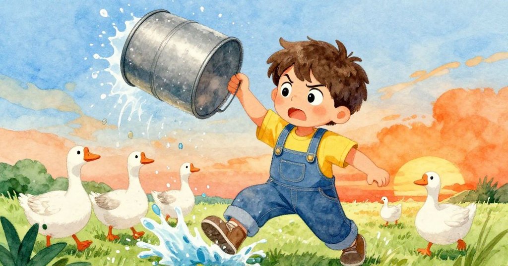 起重機嘎吱作響，Leo急速抓住下落的桶，水花四濺鵝群驚散，展示勇敢與緊張瞬間的生動場面。