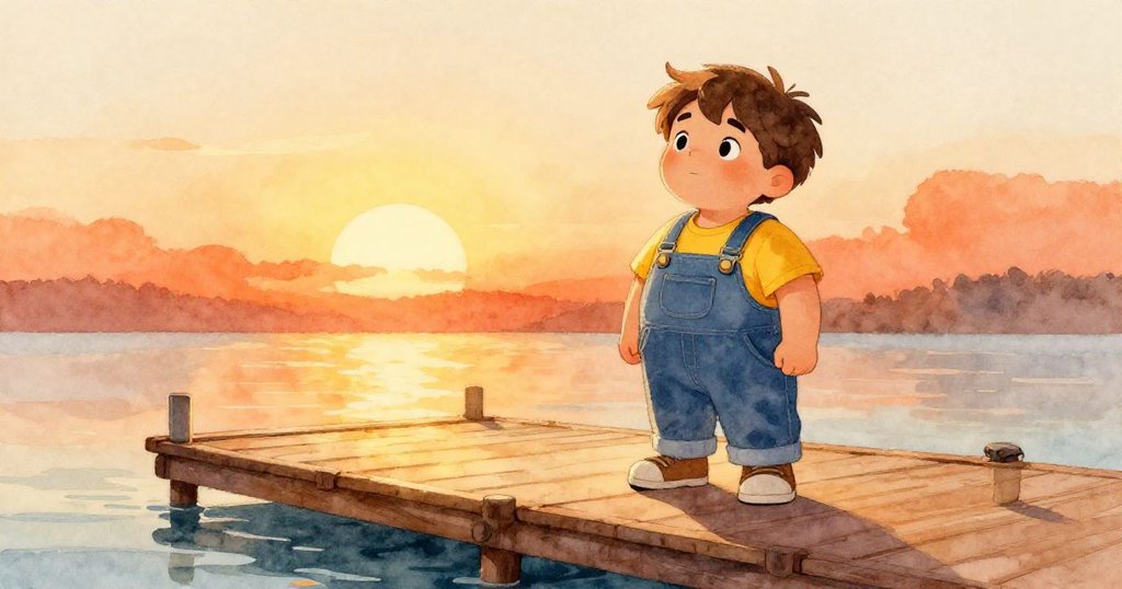 在夕陽金光映照下，Leo站在穩靠碼頭的漂浮平台邊，滿懷自豪與柔和喜悅，場景和諧溫暖。