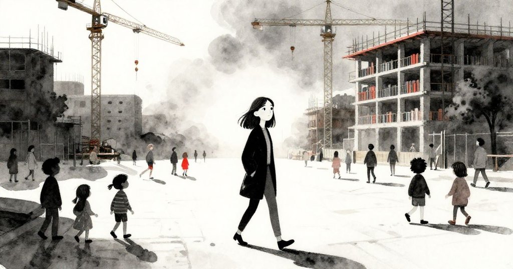 艾蜜莉在晨光照耀的花崗岩廣場中穿行，推車與起重機相伴，臉上展現堅定期待，背景混合現代建築與忙碌的人群。