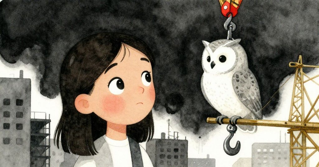 艾蜜莉凝視著停在起重機鉤上的貓頭鷹，眼神中流露出驚喜好奇，背景隱現工地與施工機械。