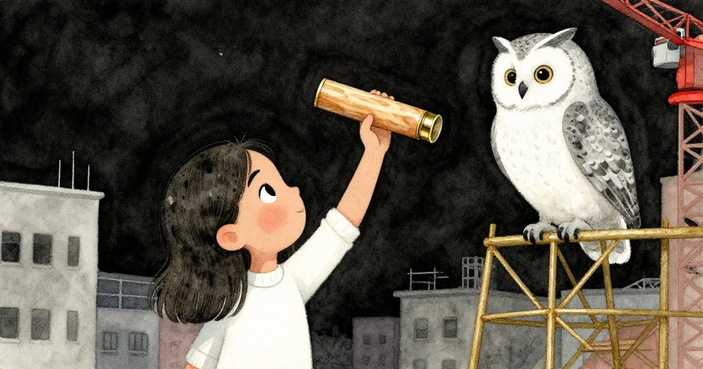 艾蜜莉舉著拋光的楓木管向貓頭鷹致意，銅帽在晨光閃爍，背景隱現施工中的圖書館與起重機。
