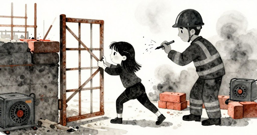 艾蜜莉在腳手架上用肩膀用力推開生銹的鐵門，並向戴黑色安全帽的施工者揮手示意，背景有磚塊與發電機。