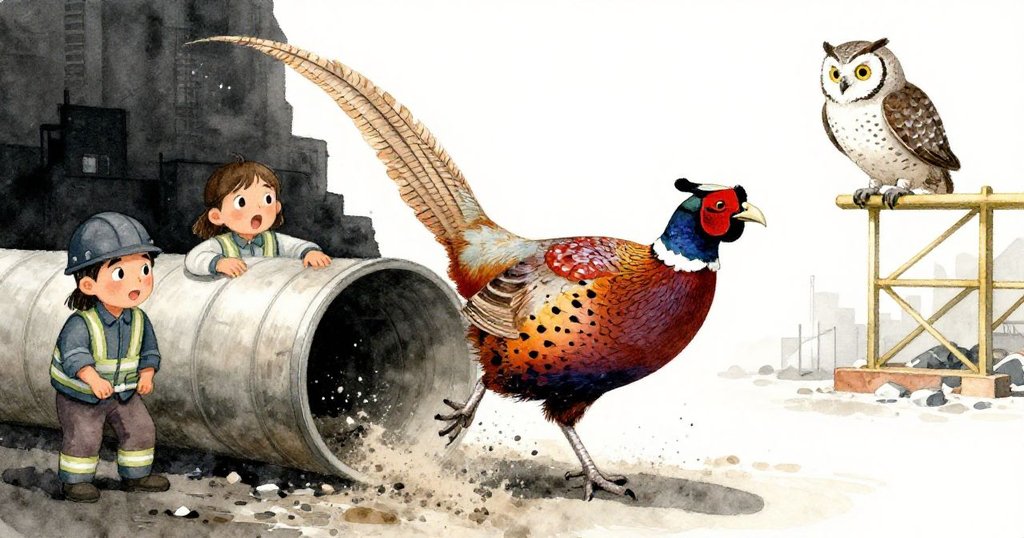 閃亮的雉鳥從木管中沖出引起工人驚慌，貓頭鷹展翅追逐，灰塵、碎石與金屬板在施工現場激烈飛揚。