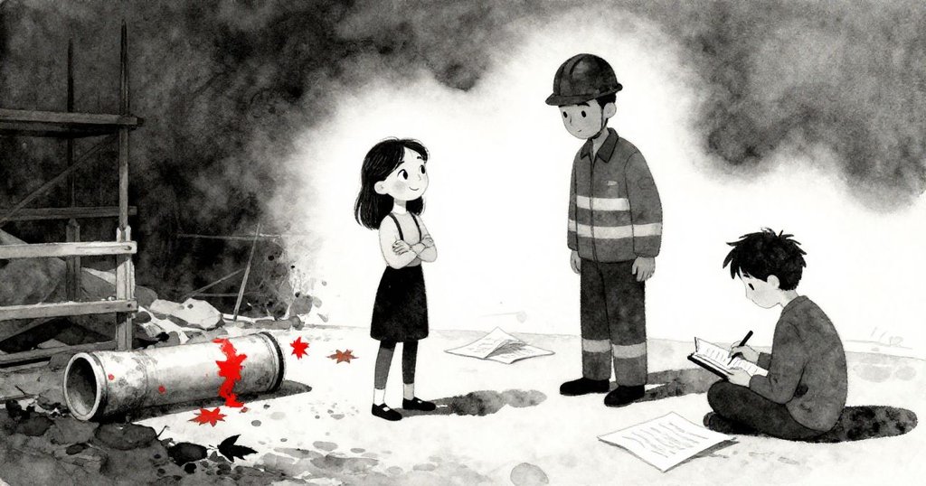 塵埃漸落中，艾蜜莉拾起落地木管，與戴帽施工者默契相視，訪客抄寫者忙著收集散落稿紙，現場恢復寧靜。