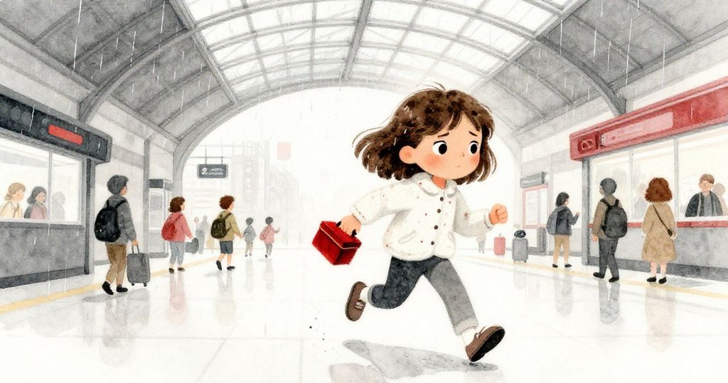 莉拉急步走在玻璃屋頂車站內，手握天鵝絨盒，雨滴落下，神情堅定，背景充滿溫暖與動感。