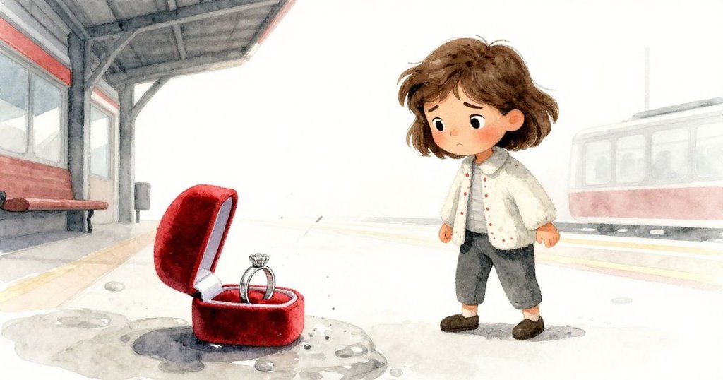 莉拉手中的天鵝絨盒打開，婚戒在濕石上旋轉滑動，顯示出動態錯亂與慌張情緒。