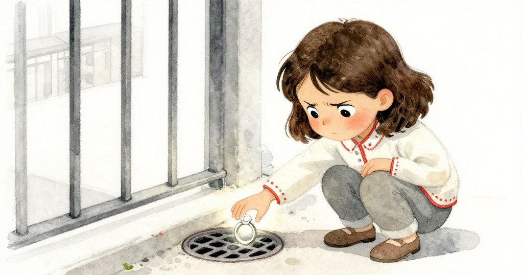 莉拉蹲下仔細觀察透光婚戒，手即將觸碰卻因狹縫阻礙，表情中滿是焦急與決心。