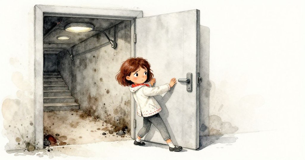 莉拉推開半掩服務門，步入塵埃與油味的地下室，狹窄樓梯與微光營造神秘氣氛。