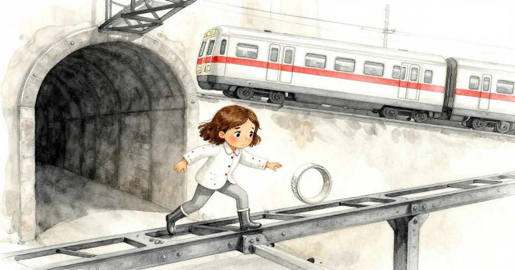 莉拉站在地下通道鋼梁上調整身體平衡，婚戒因火車震動向她靠攏，背景隱現維修工人。