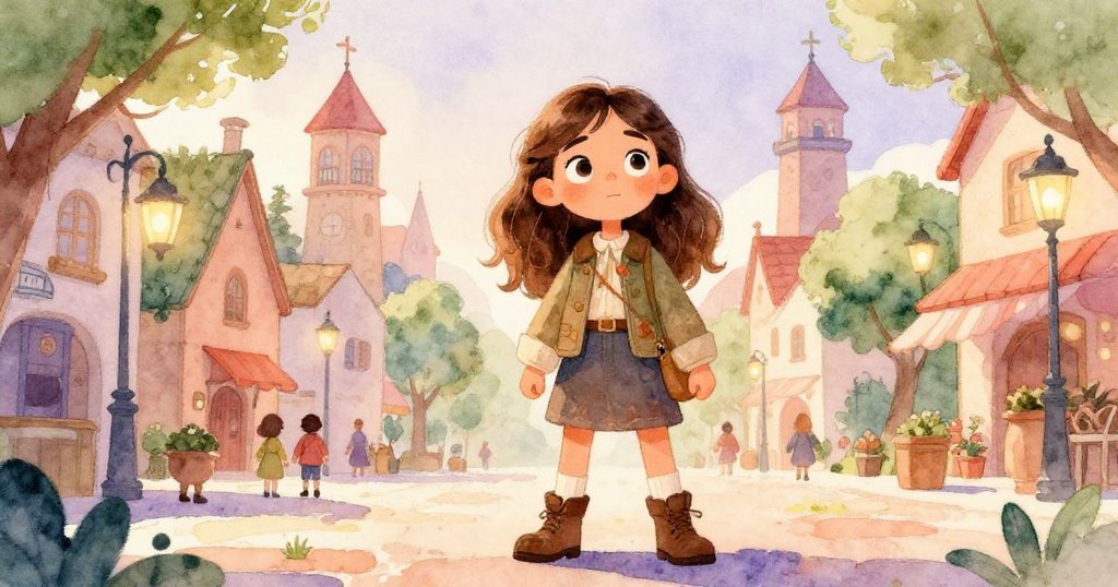 萊奧娜在傍晚陽光下走進熱鬧市集,舉著老相機仰望天空,背景有橙光映照的圖書館塔與懸掛燈籠,表情期待