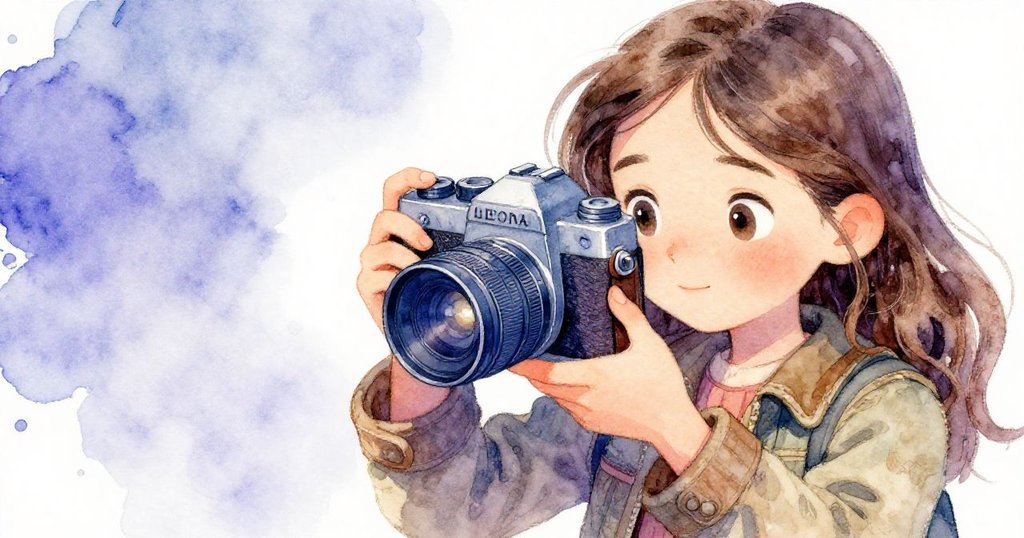 萊奧娜近距離檢查她心愛的老相機,手指輕觸斑駁金屬和精緻細節,背景隱約顯示市集熱鬧,神情專注