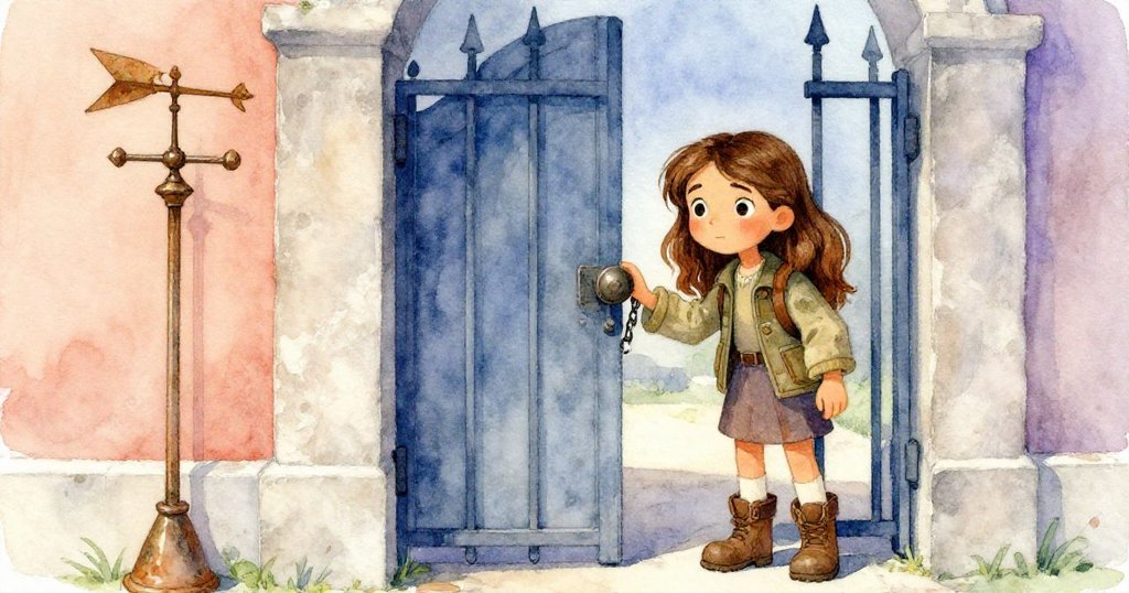 萊奧娜面對鎖住的圖書館大門,按壓門閂並檢查帶鎖門把,銅製風向標閃爍光芒,表情堅定