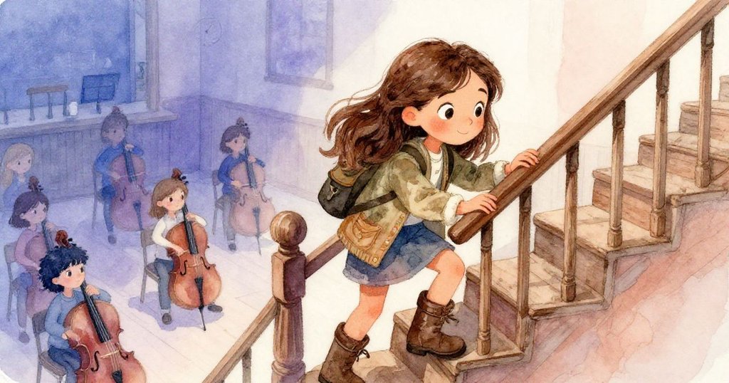 萊奧娜進入音樂學校側樓梯內攀爬,背後學生輕奏大提琴華爾滋聲充滿空間,神情專注而堅毅