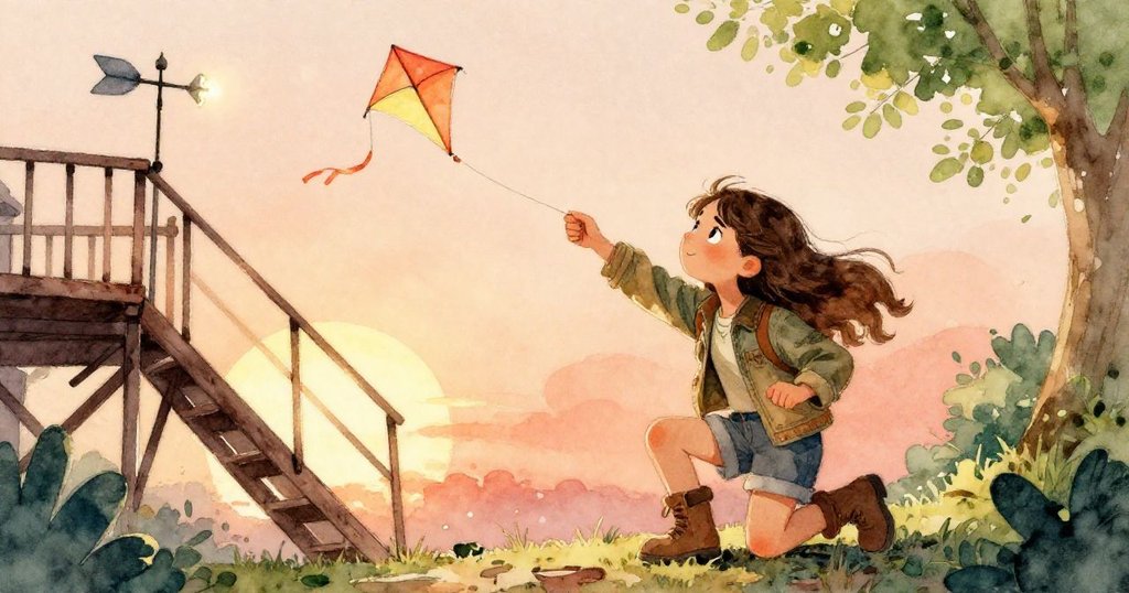 萊奧娜跪在搖響的消防梯上拍攝瞬間,夕陽餘暉映照下紙鳶歡快飛舞,遠處圖書館風向標閃爍銅光,神情專注激動